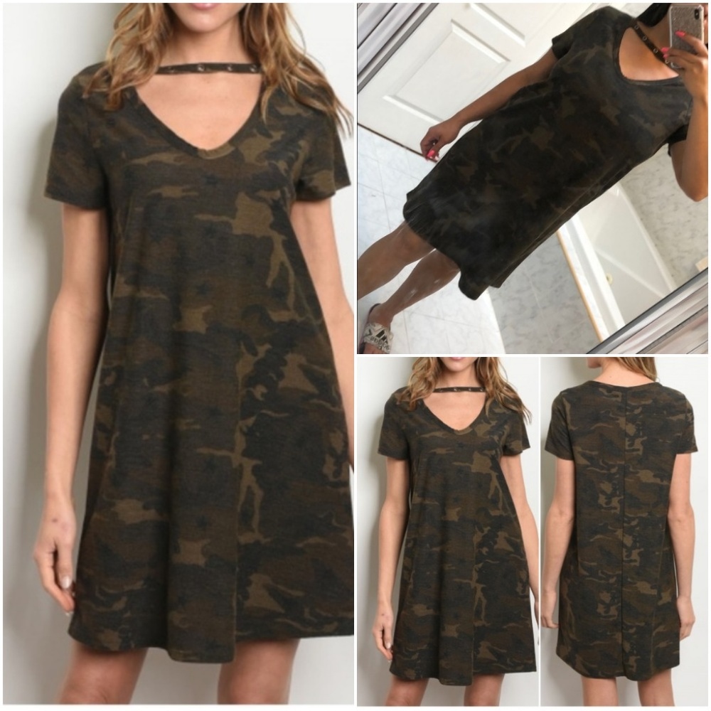 CAMO PRINT TEE CHOKER DRESS